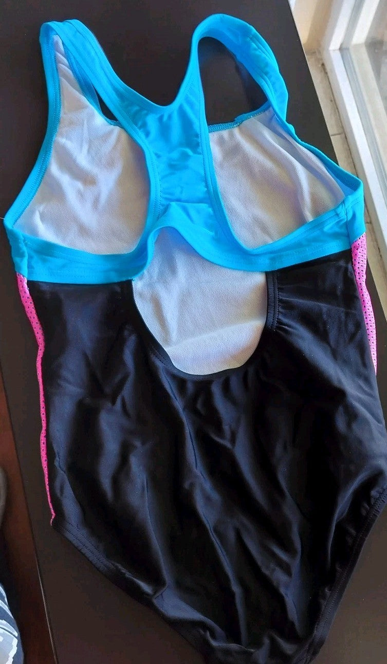 NWT Speedo Girls Mesh Thick Strap One Piece Black Blue Size 10
