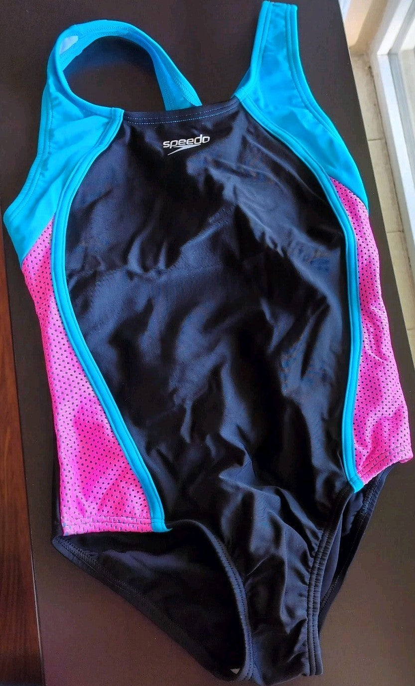 NWT Speedo Girls Mesh Thick Strap One Piece Black Blue Size 10
